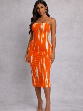 Women’s Orange Tie Dye Midi Dress – Fitted Bodycon Style with Spaghetti Straps